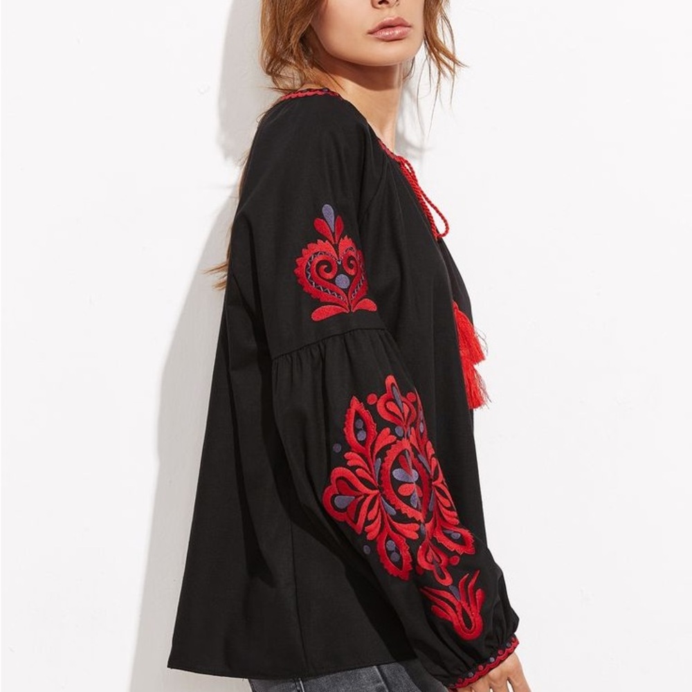 Zara Black Blouse with Red Embroidery